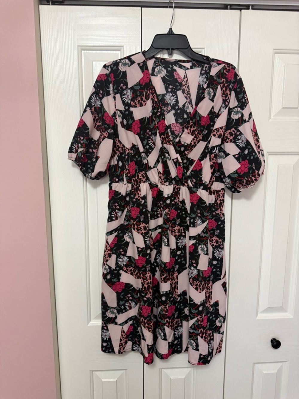 SHEIN Pink & Black Floral Geometric Midi Wrap Dress